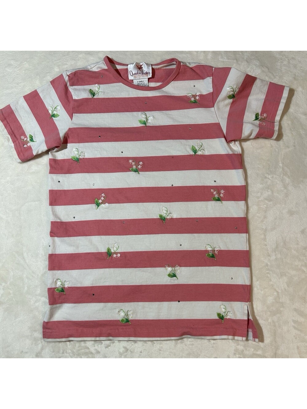 Quacker Factory Women's XS Pink Striped T-Shirt Embroidered Flowe Vintage 90s